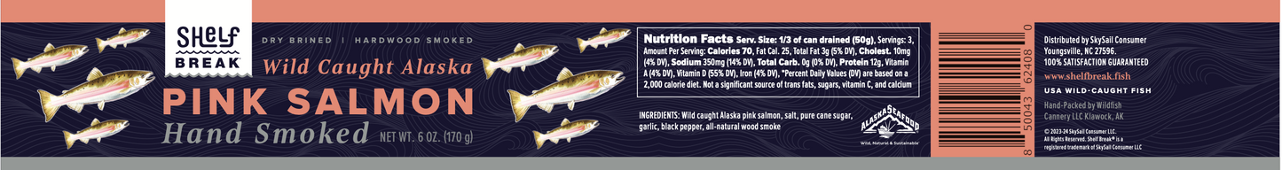 Wild Alaska Hand Smoked Pink Salmon, 6 oz. can Dry-Brined, Hand-Trimmed, Hand-Packed Sustainable Tinned Seafood