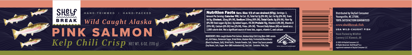 Wild Alaska Kelp Chili Crisp Pink Salmon, 6 oz can Hand-Trimmed & Packed Alaskan Kelp Sustainable Tinned Seafood