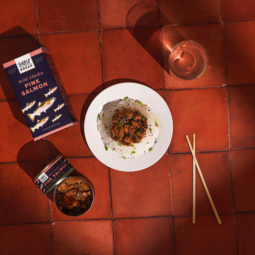Wild Alaska Kelp Chili Crisp Pink Salmon, 6 oz can Hand-Trimmed & Packed Alaskan Kelp Sustainable Tinned Seafood
